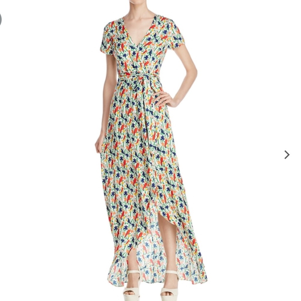 Alice + Olivia Adrianna Bird Party Mock-Wrap Maxi Dress
